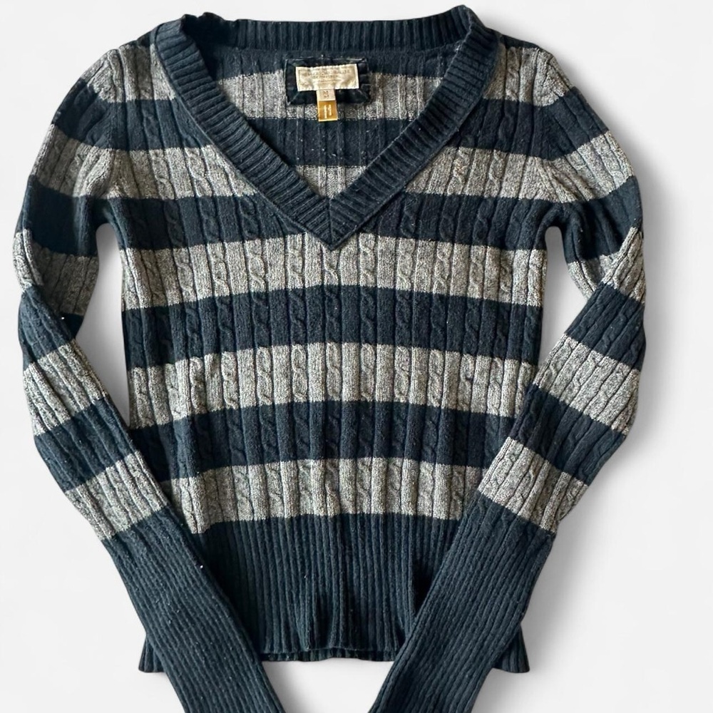 Y2K American Eagle Sweater - Navy and Gray Stripes